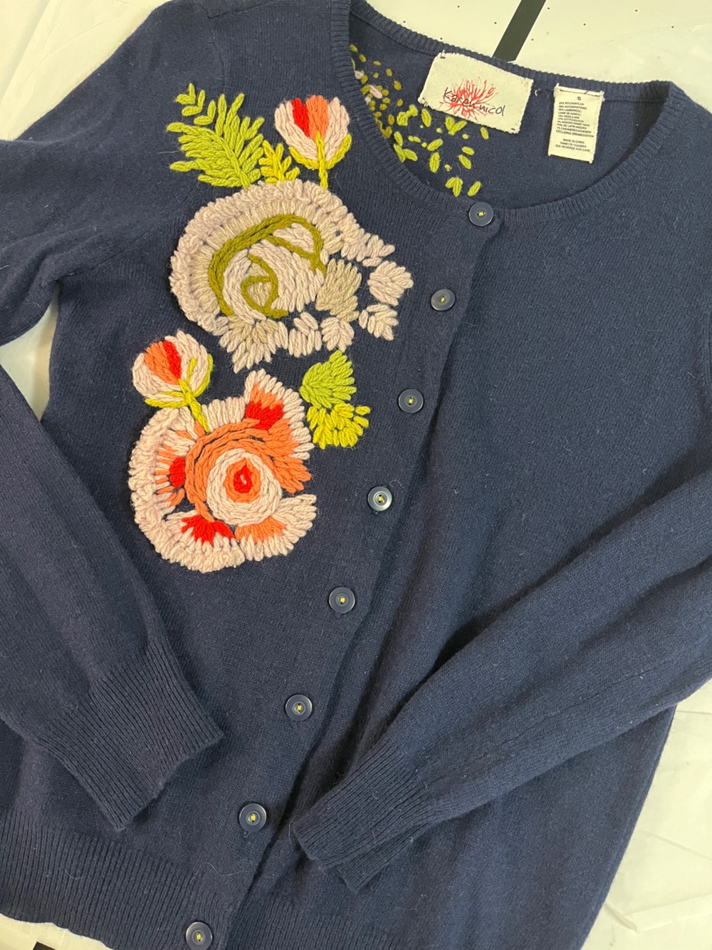 Karen Nicol anthropology Navy Cardigan with Embroidered Yarn stitch floral Small